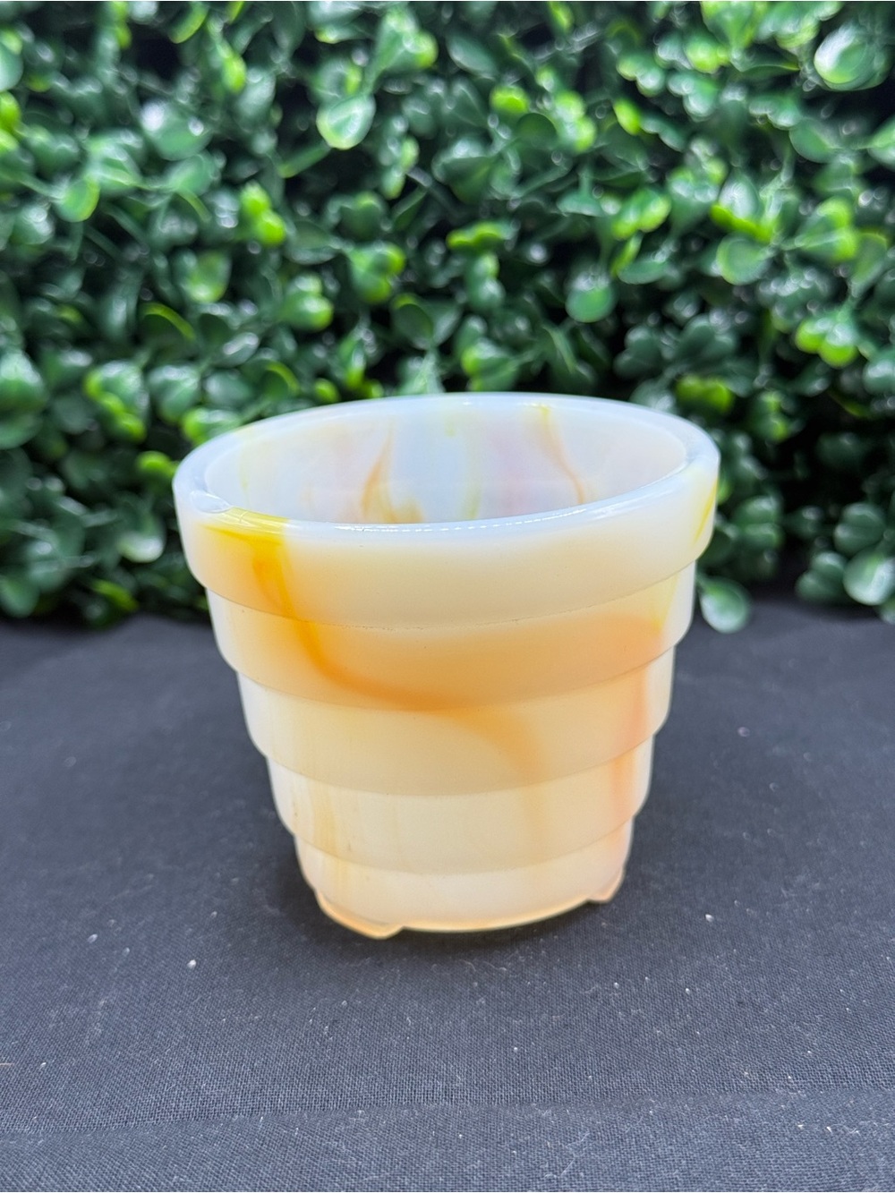 Vintage Akro Agate Orange & Yellow Slag Glass Miniature Planter Flower Pot